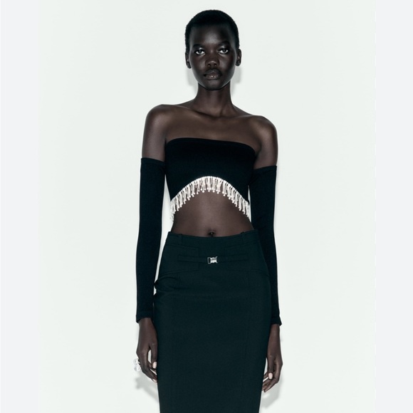 ZARA Off The Shoulder Black Rhinestone Seamless Crop Top Long Sleeve Size S!! - Picture 1 of 16